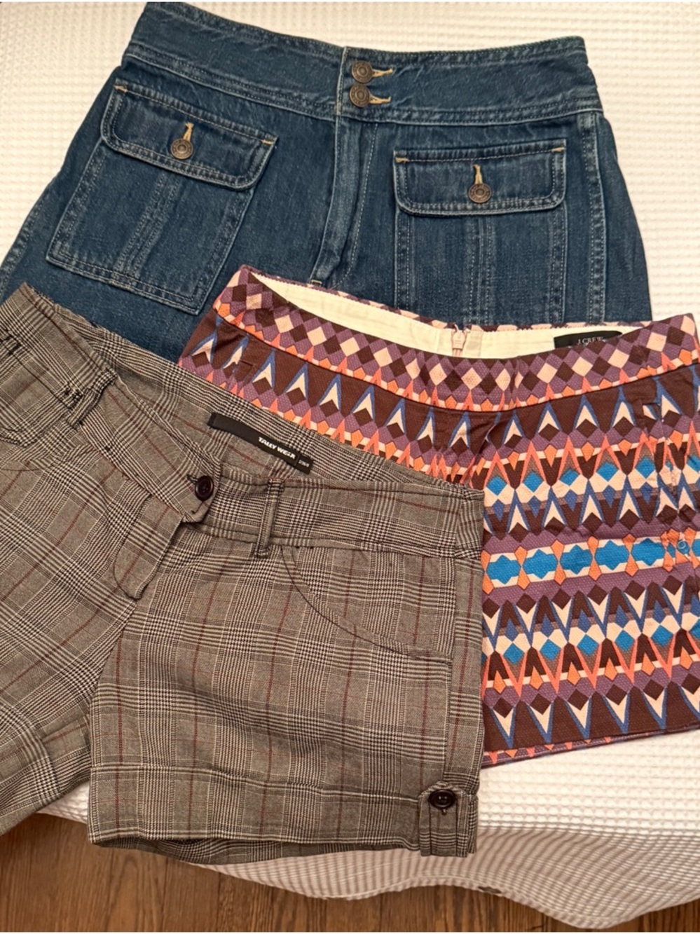 J. Crew Colorful short , Gap denim short and Tally Weiji  brown plaid short.